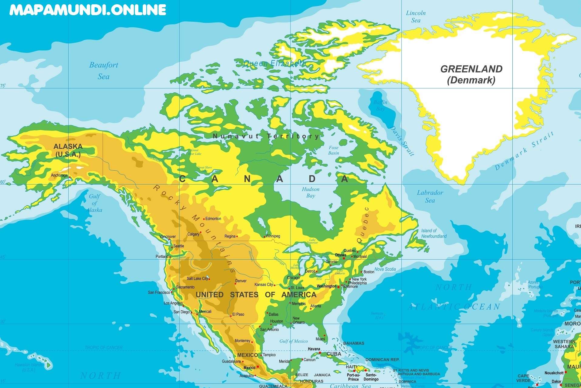 Mapa De América Del Norte Norteamérica Político Físico Para Imprimir